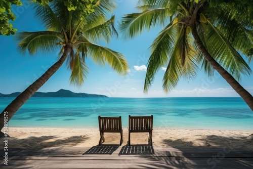 Two wooden chairs sitting atop a sandy beach, creating a space for relaxation and enjoying the coastal scenery.