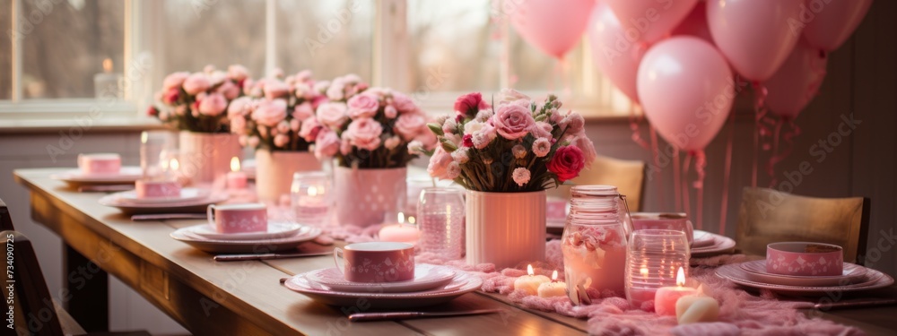 aesthetic idea party concept. set table for the celebration with plates and decorations. banner aesthetic idea party concept. set table for the celebration with plates and decorations. banner