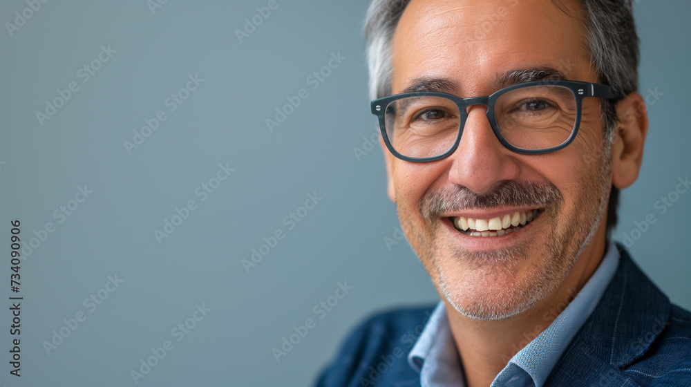 Smiling 45 years old banker, happy middle aged business man bank manager, mid adult professional businessman ceo executive in office, older mature entrepreneur wearing glasses, headshot portrait.