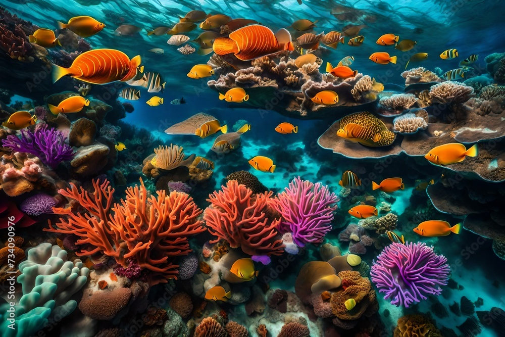 A breathtaking view of a vibrant, colorful coral reef teeming with marine life beneath crystal-clear waters.