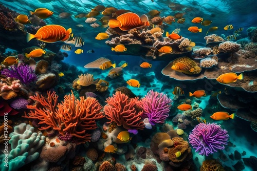 A breathtaking view of a vibrant, colorful coral reef teeming with marine life beneath crystal-clear waters. © mohsin