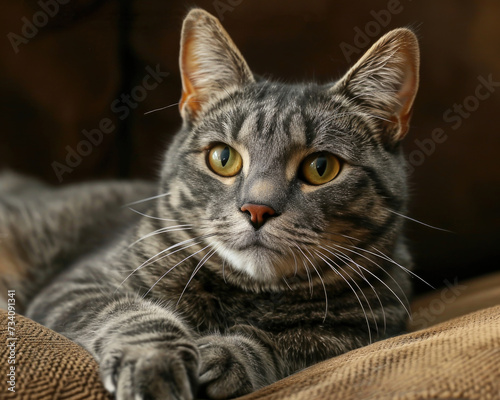 Grey Tabby Posing: A beautifully posed grey tabby cat, capturing the essence of its calm and composed personality photo