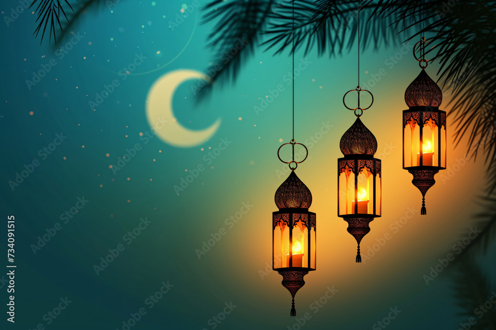 Hanging Lanterns with Crescent Moon and Pine Silhouette Against Teal Night Sky