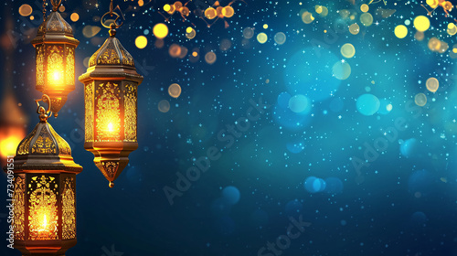 Arabesque Lanterns with Glowing Lights and Bokeh on Blue Background