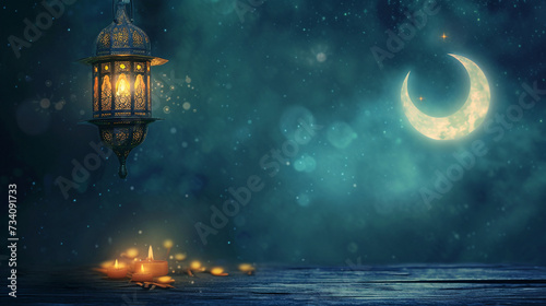 Elegant Ramadan Lantern with Crescent Moon and Sparkling Lights