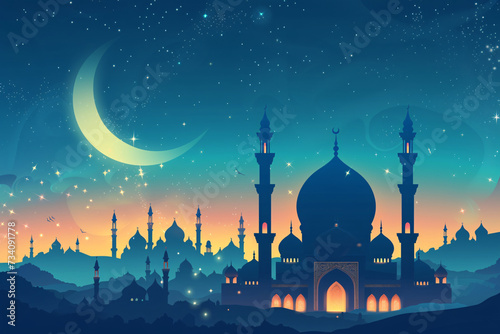 mosque, crescent, moon, stars, sky, dusk, silhouette, minaret, dome, Ramadan, Islamic, celebration, tradition, culture, spirituality, religion, Muslim, decoration, festive, seasonal, event, backg




