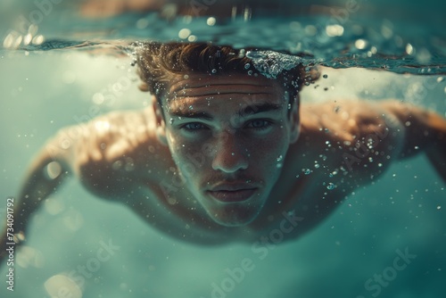 underwater portrait of a young man swimming