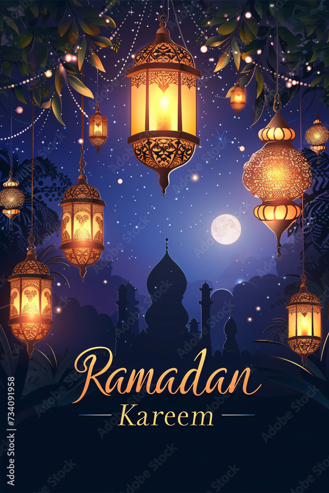 Ramadan Kareem Greeting with Illuminated Lanterns and Mosque Silhouette