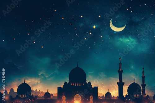 Starry Night Skyline with Crescent Moon Over Islamic Mosques for Ramadan photo