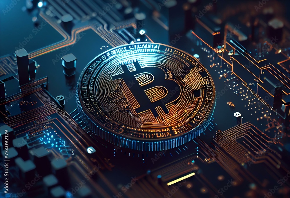 Bitcoin on a technological background. banner with technology background for cryptocurrency illustration. Cryptocurrency trading. bitcoin on a blue background. 3d render. Generative AI