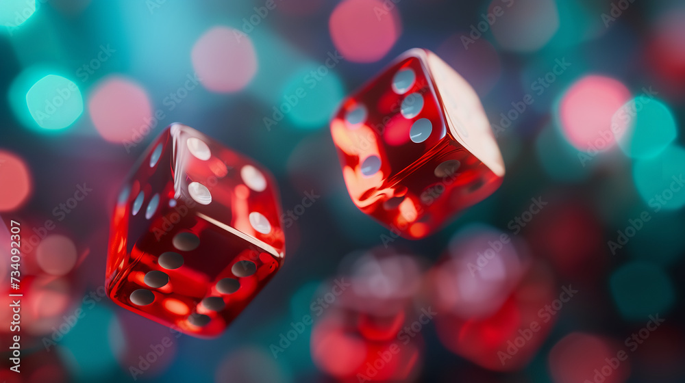 a high definition photorealistic close up picture of two luxorious red dices in the upper part of a the picture - obrazy, fototapety, plakaty 