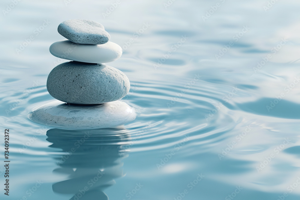 A perfectly balanced stack of smooth, rounded zen stones emerges from the calm, clear blue water, creating a peaceful and harmonious backdrop