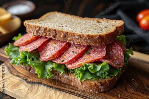 Sandwich consisting of two pieces of bread, mortadella sausage and green lettuce. Traditional Italian food, snack, fast food
