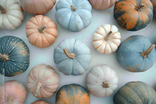 various colored pumpkins laid out on white in the sty