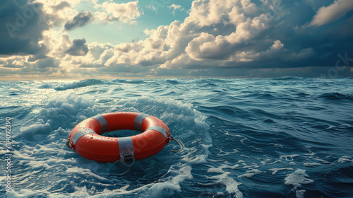 Red lifebuoy floating on turbulent ocean waves under a stormy sky.