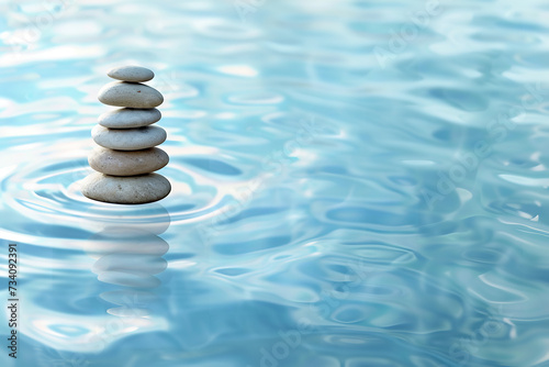 A perfectly balanced stack of smooth  rounded zen stones emerges from the calm  clear blue water  creating a peaceful and harmonious backdrop