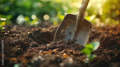 A shovel digging into rich soil, symbolizing the manual labor and dedication of farmers in cultivating the land photo