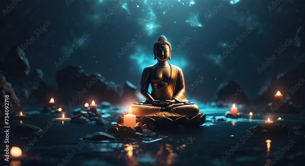 Glowing buddha statue, Surreal light beam sacral illustration Glowing buddha statue, Surreal light beam sacral illustration