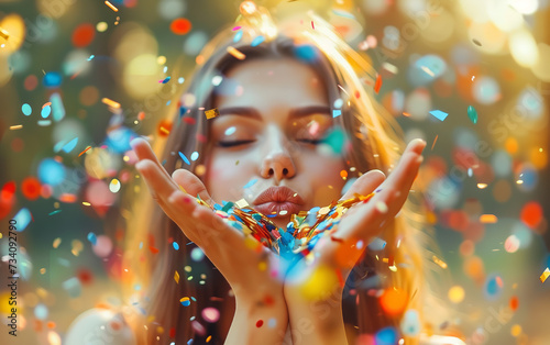 beautiful defocused woman blow confetti from hands. celebration and event concept