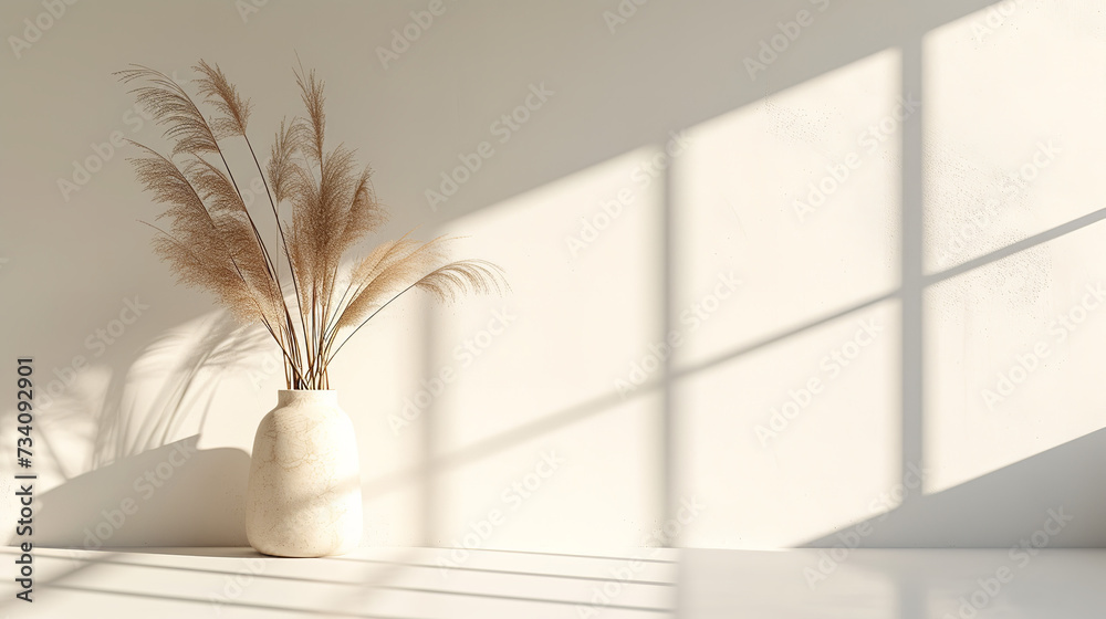 Beige reeds in vase standing on white table with beautiful shadows on the wall. Minimal, styled concept for bloggers - obrazy, fototapety, plakaty 