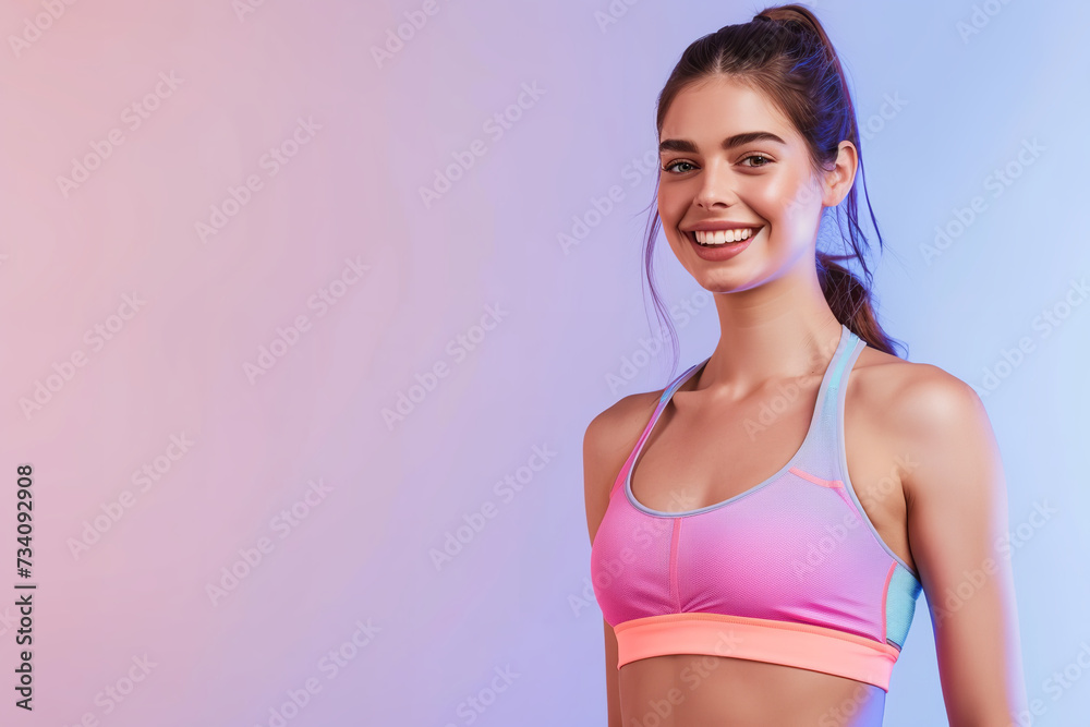 cheerful woman in sportswear smiling, ideal body not thin, tied back hair, isolated light blue and purple gradient background cheerful woman in sportswear smiling, ideal body not thin, tied back hair, isolated light blue and purple gradient background