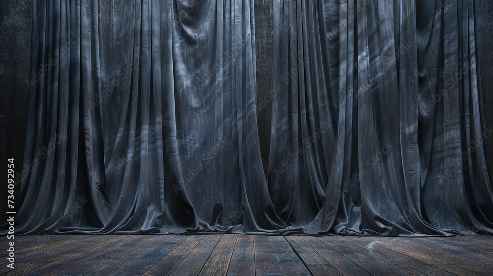 charcoal color stage curtains theater drapes and wooden stage flor - obrazy, fototapety, plakaty 