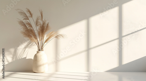 Beige reeds in vase standing on white table with beautiful shadows on the wall. Minimal, styled concept for bloggers