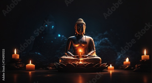 Glowing buddha statue, Surreal light beam sacral illustration