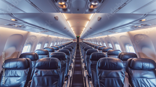 Empty passenger seats inside a modern airplane