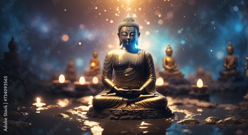 Glowing buddha statue, Surreal light beam sacral illustration - obrazy, fototapety, plakaty 