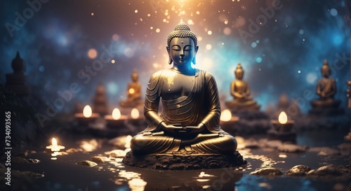 Glowing buddha statue, Surreal light beam sacral illustration photo