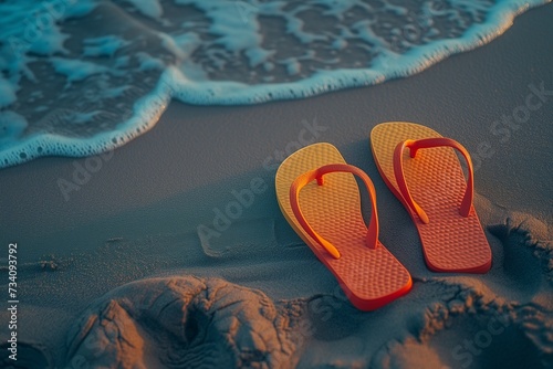 Oreange flip flops on the san at sea shore, summer concept photo