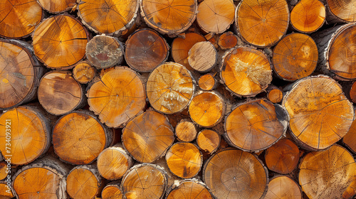 Stacks of freshly cut  amber-toned logs are piled up