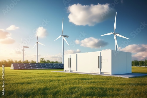 Concept of a modern high-capacity battery energy storage system in a container located in the middle of a lush meadow with a forest in the background.