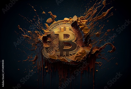 Illustration Gold bitcoin melting smashed. Cryptocurrency symbol and background black. Generative AI