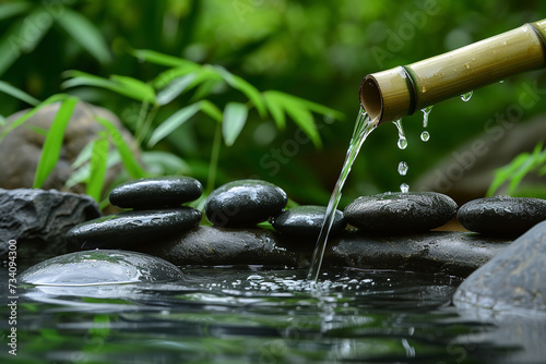 Water gently cascades from a bamboo shoot, landing softly on an arrangement of smooth, polished Zen stones