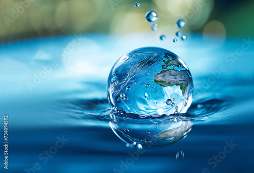 A globe in the shape of a drop of water falling on blue sea background. World Water Day concept with world in clean water drop on and fresh blue water ripples design, water drop with earth ,
