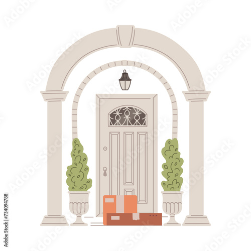 Entrance white door with flowerpots and lantern, cardboard boxes near the door, vector house porch vintage exterior