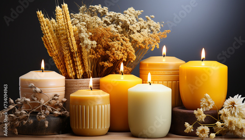 Burning candle illuminates tranquil spa, promoting relaxation and wellbeing generated by AI