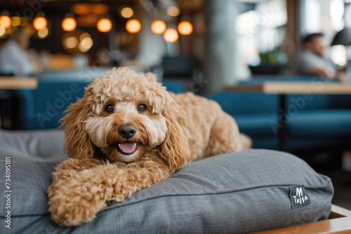 Cute and funny labradoodle dog is laying in on a cushion in a pet friendly cafe photo