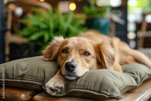 cute golden retriever dog is laying on a cushion in a pet friendly cafe