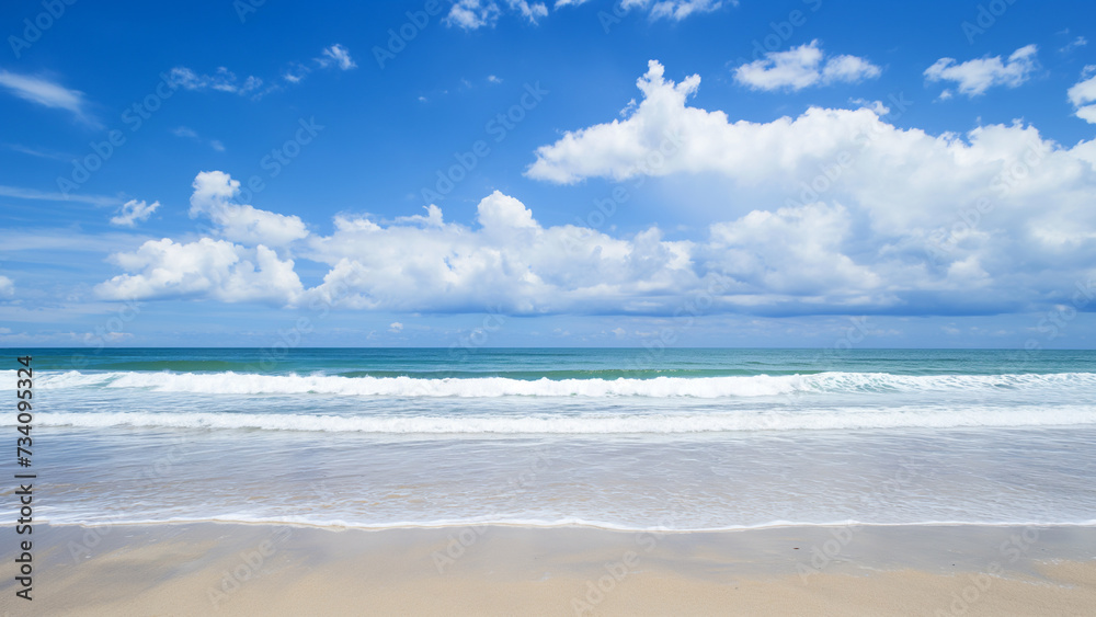 Beautiful beach with gentle waves and a bright blue sky filled with white clouds. Ideal for travel and nature projects. Beautiful beach with gentle waves and a bright blue sky filled with white clouds. Ideal for travel and nature projects.