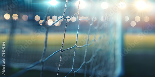 Fußballtor-Fokus: Verschwommener Hintergrund mit Bokeh-Effekt und Netz im Vordergrund