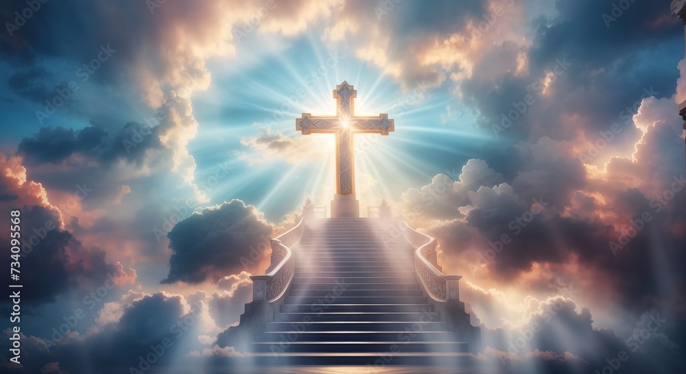 Fototapeta premium Glowing catholic cross, Surreal light beam sacral illustration