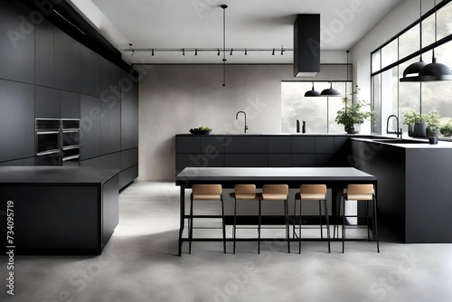 A minimalist kitchen with monochromatic tones, concrete floors, and a seamless blend of modern appliances.