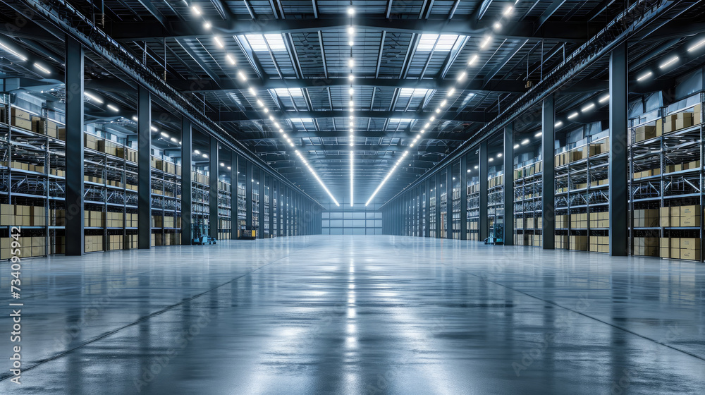 Futuristic view of a long corridor in a data center with server racks and LED lights.