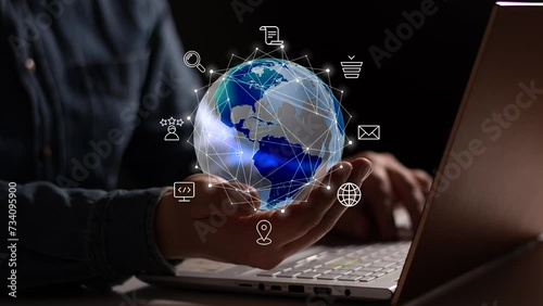 Global network connection. Big data analytics and business concept.Social media business network concept businessman holding Global network connection in crystal ball. Big data analytics and business 