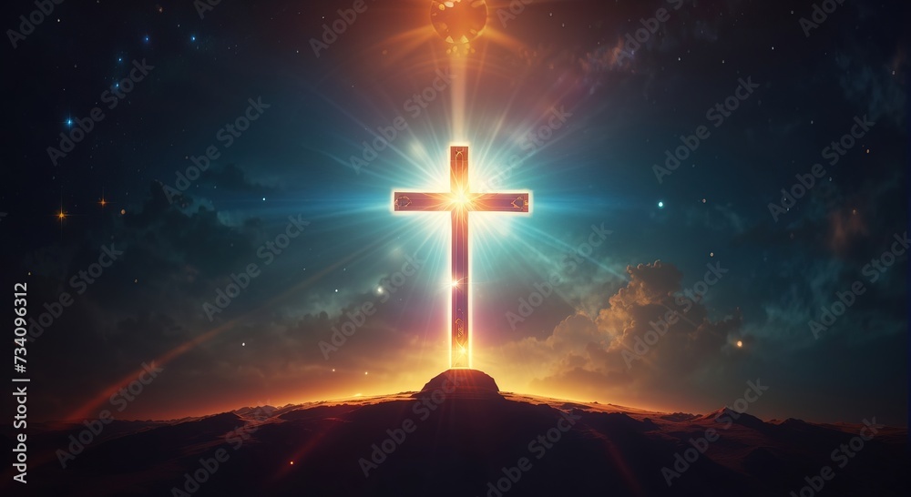 Fototapeta premium Glowing catholic cross, Surreal light beam sacral illustration