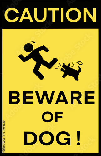 Yellow warning sign with 'Beware of dog text, symbolizing danger and caution in  unfriendly animal, vector Illustration
