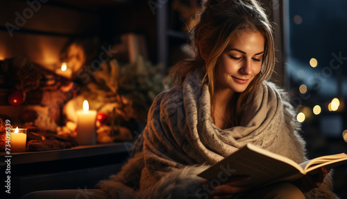 A young woman reading, smiling, cozy by the fire generated by AI